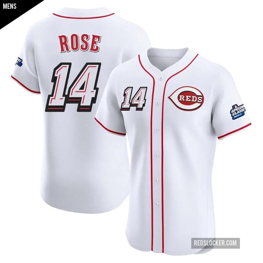 Men's Cincinnati Reds ＃14 Pete Rose Elite White 2025 Speedway Classic Alternate Jersey