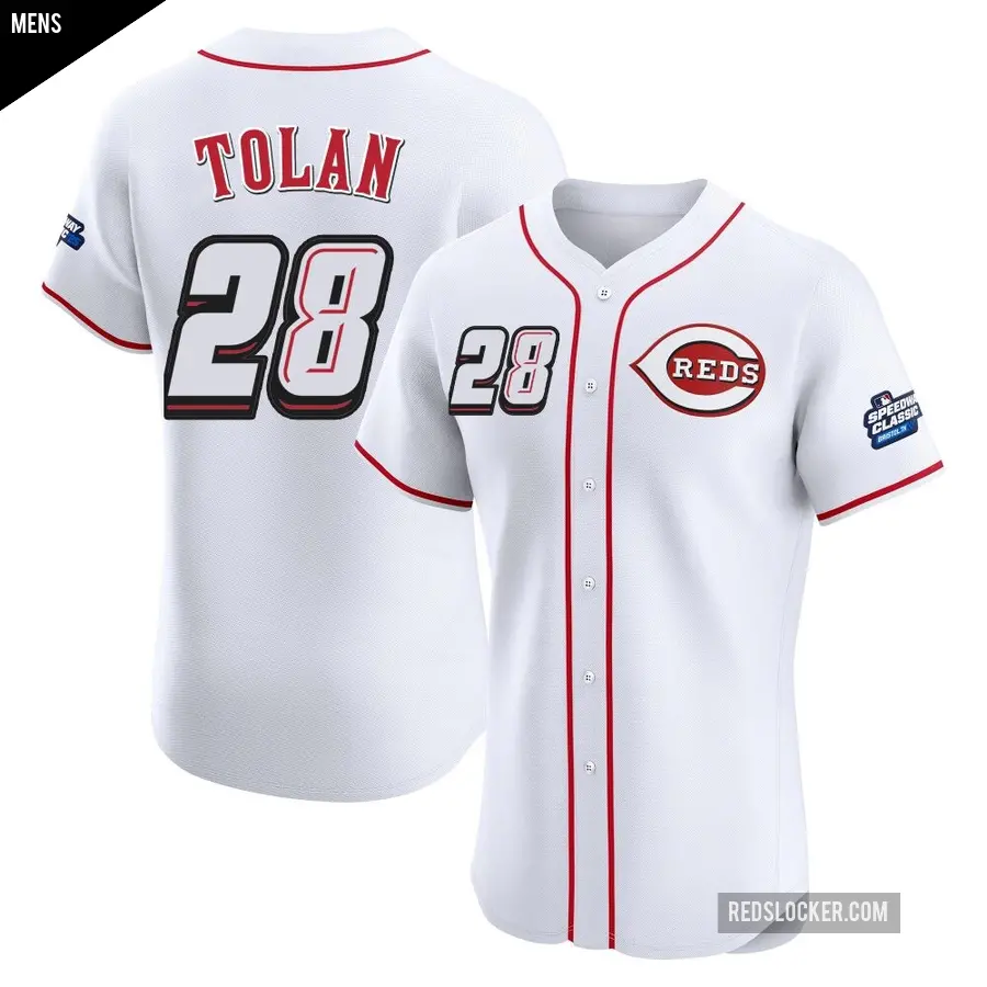 Men's Cincinnati Reds ＃28 Bobby Tolan Elite White 2025 Speedway Classic Alternate Jersey