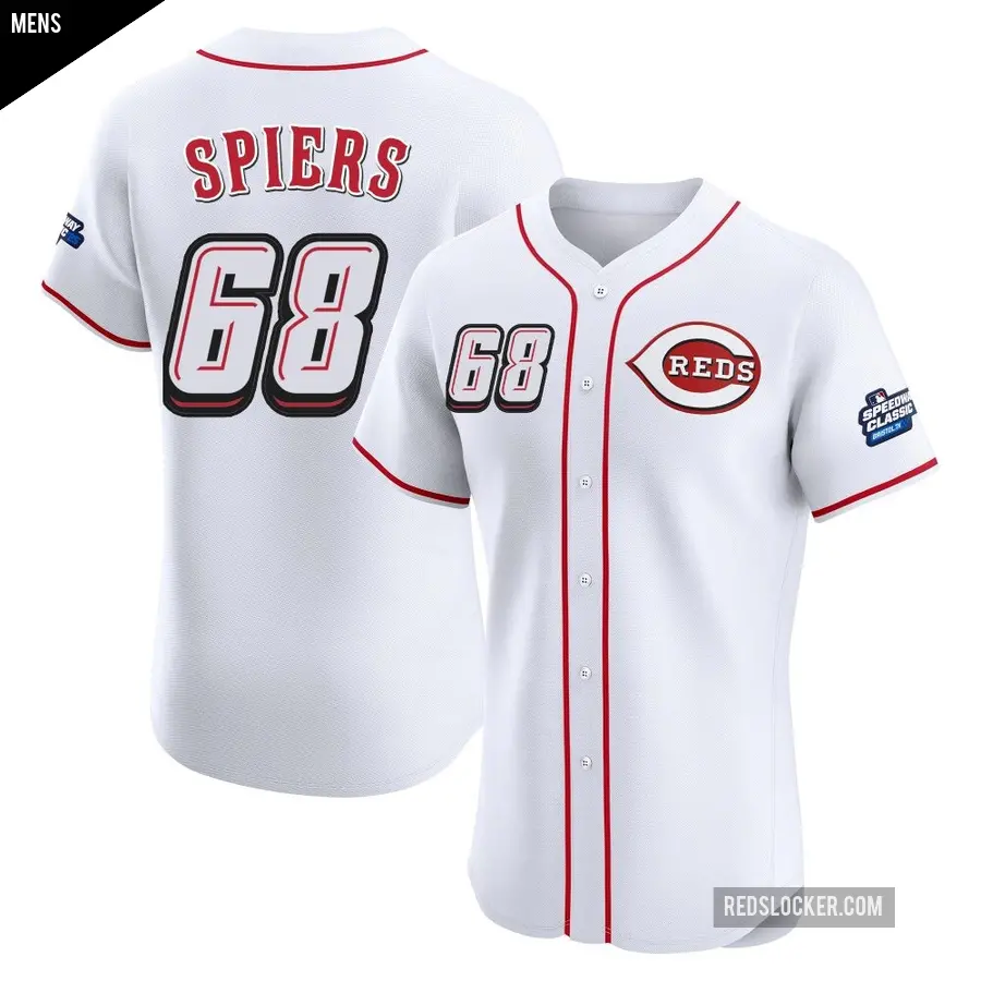 Men's Cincinnati Reds ＃68 Carson Spiers Elite White 2025 Speedway Classic Alternate Jersey