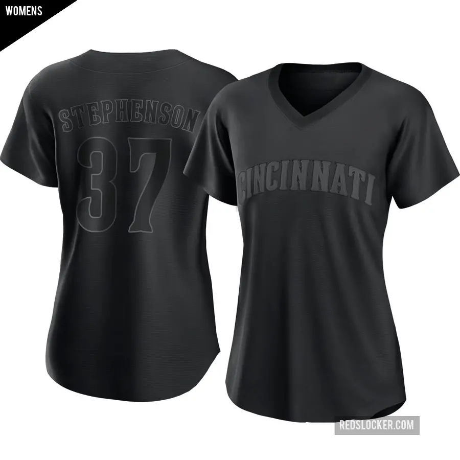 Women's Cincinnati Reds ＃37 Tyler Stephenson Replica Black Pitch Fashion Jersey