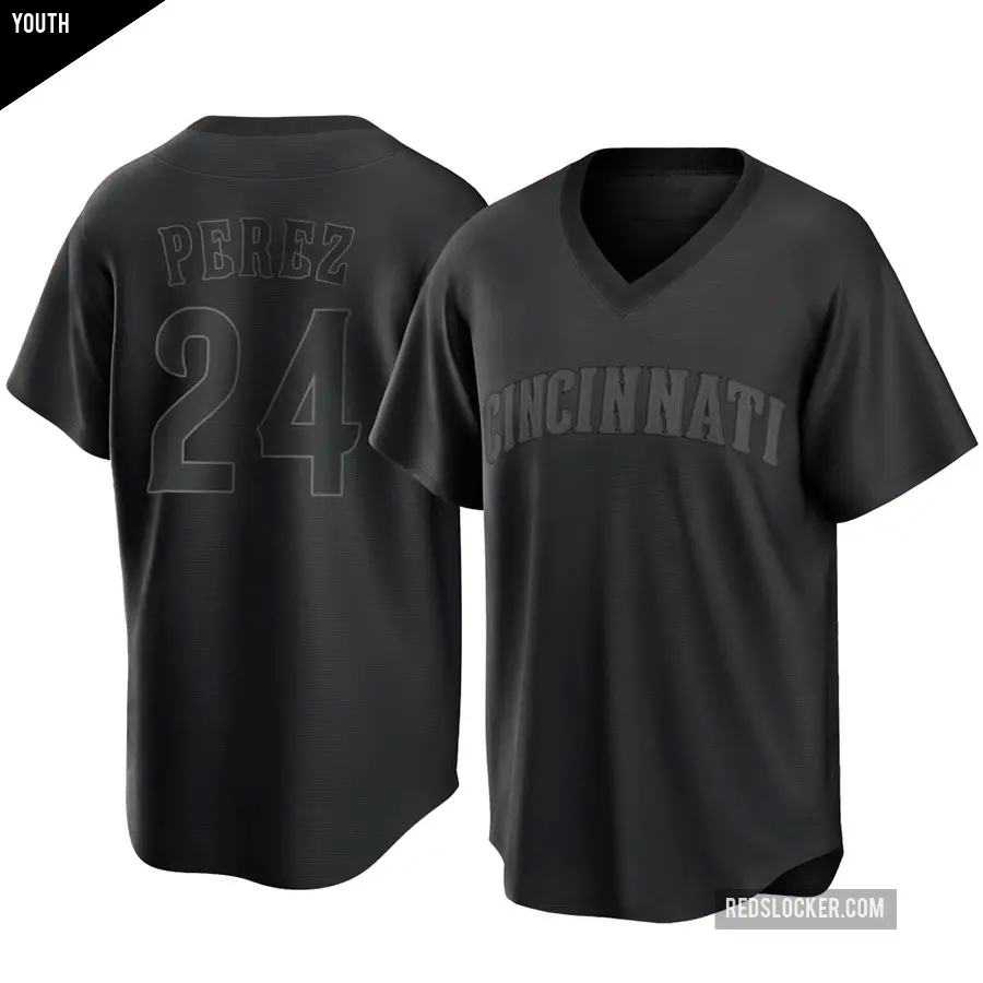 Youth Cincinnati Reds ＃24 Tony Perez Replica Black Pitch Fashion Jersey