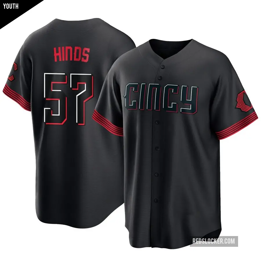 Youth Cincinnati Reds ＃57 Rece Hinds Replica Black 2023 City Connect Jersey